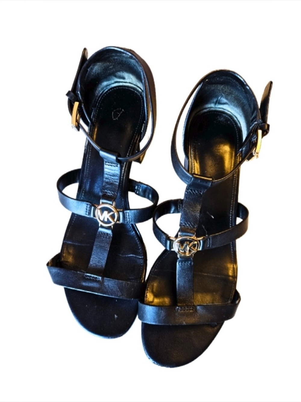 Michael Kors Black Leather Strappy Sandals with Gold MK Emblems